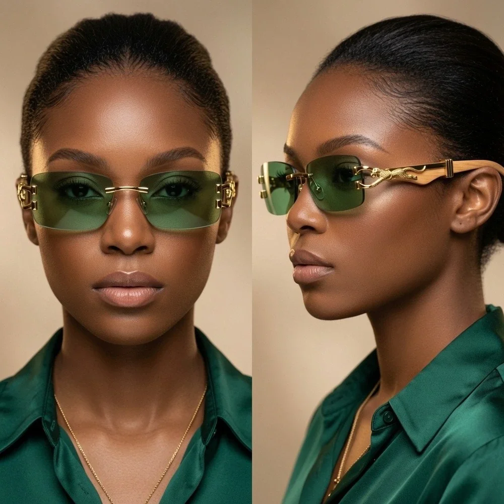 Premium Tinted Lenses Cheetah Ornament Rimless Eyewear  Green Sunglasses Women